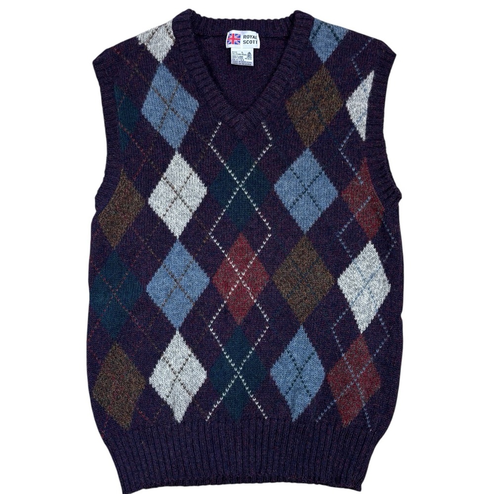 VTG Royal Scott Mens Large Shetland Wool Sweater Vest Argyle Made in Hong Kong - Picture 1 of 9